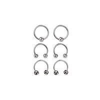 Multi-Pack Silver-Tone Rose Horseshoe & Captive Bead Rings 6 Pack - 16 Gauge