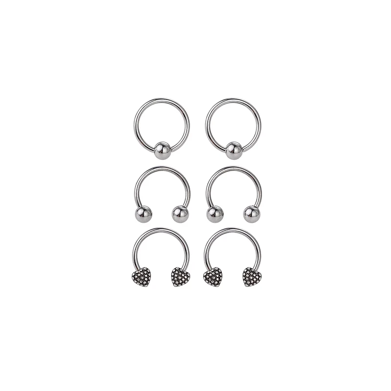 Multi-Pack Silver-Tone Horseshoe & Captive Bead Rings with Heart Ends 6 Pack - 16 Gauge