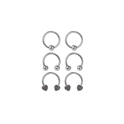 Multi-Pack Silver-Tone Horseshoe & Captive Bead Rings with Heart Ends 6 Pack - 16 Gauge