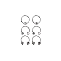 Multi-Pack Silver-Tone Horseshoe & Captive Bead Rings with Heart Ends 6 Pack - 16 Gauge