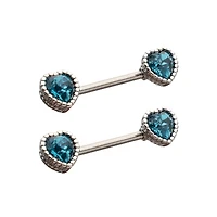 Blue CZ Heart Silver-Plated Nipple Barbells - 14 Gauge