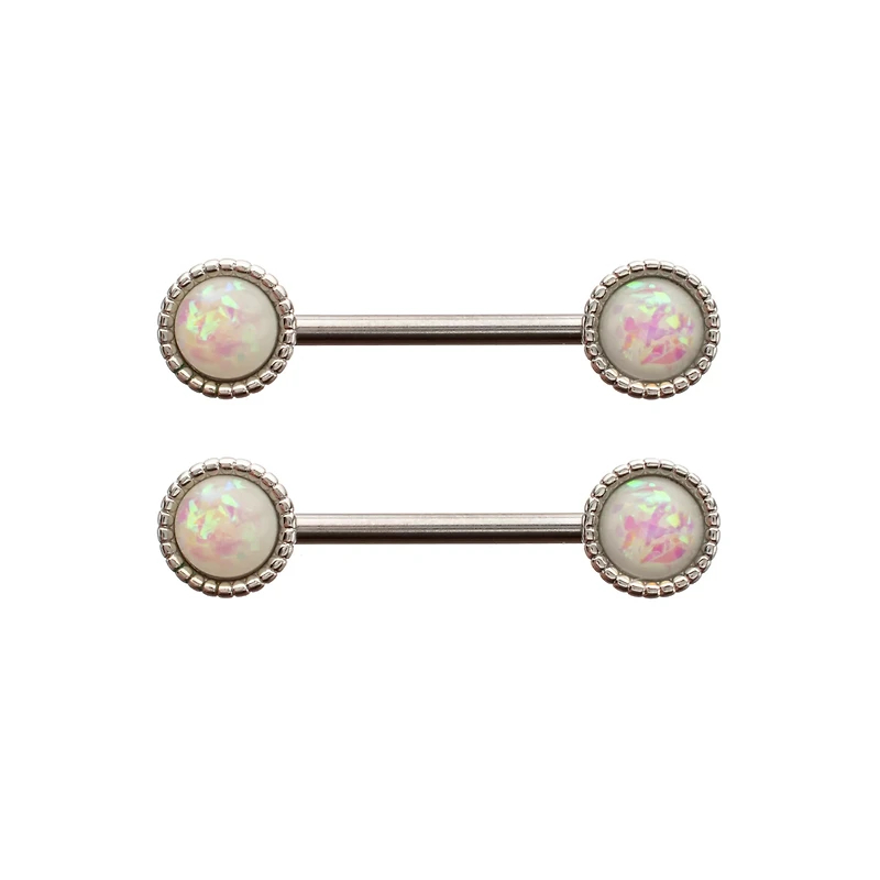 Opal-Effect Round Silver-Plated Nipple Barbells - 14 Gauge