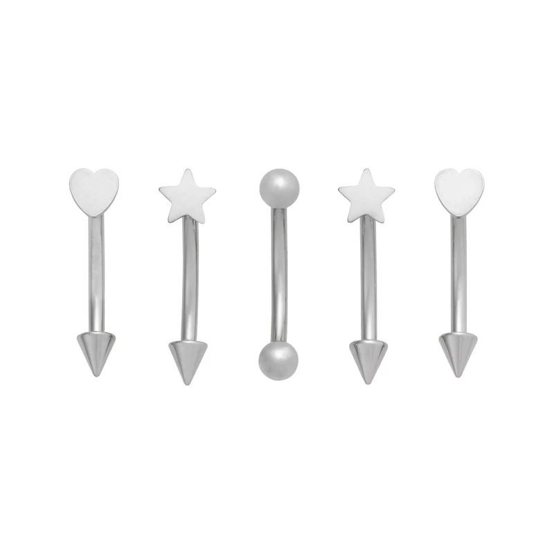 Multi-Pack Star and Heart Silver-Plated Curved Barbells 5 Pack - 16 Gauge