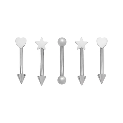 Multi-Pack Star and Heart Silver-Plated Curved Barbells 5 Pack - 16 Gauge