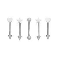 Multi-Pack Star and Heart Silver-Plated Curved Barbells 5 Pack - 16 Gauge