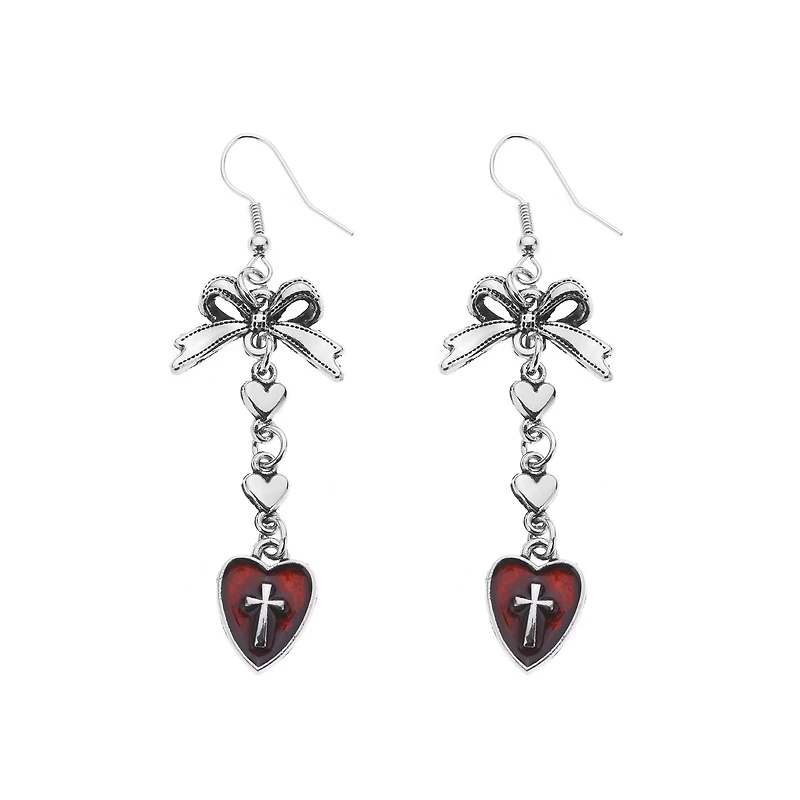 Bow Red Heart Cross Dangle Earrings