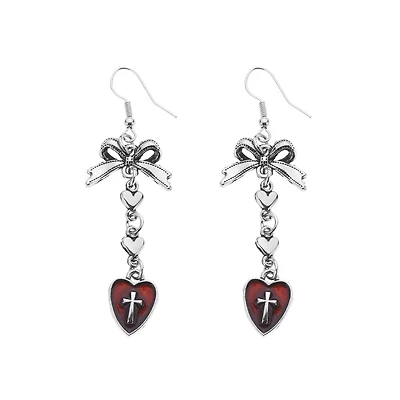 Bow Red Heart Cross Dangle Earrings