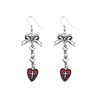 Bow Red Heart Cross Dangle Earrings