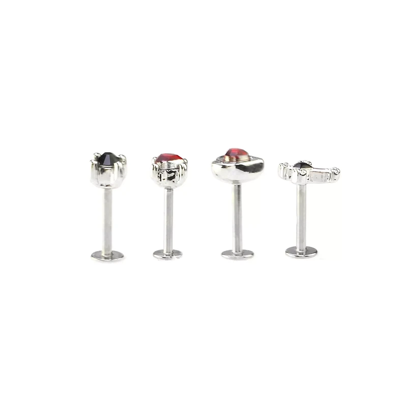 Multi-Pack Red and Black CZ Heart and Cross Labret Lip Rings 4 Pack - 16 Gauge