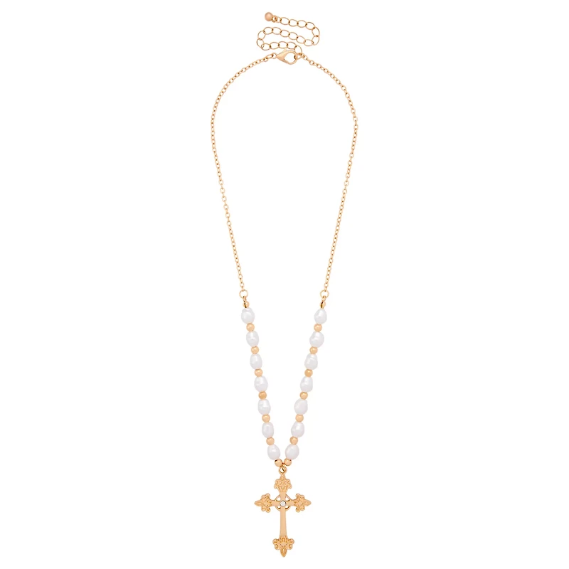 Pearl-Effect Cross Gold-Tone Necklace