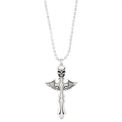 Silvertone Winged Skull Cross Pendant Necklace