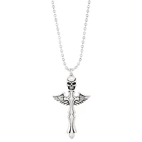 Silvertone Winged Skull Cross Pendant Necklace