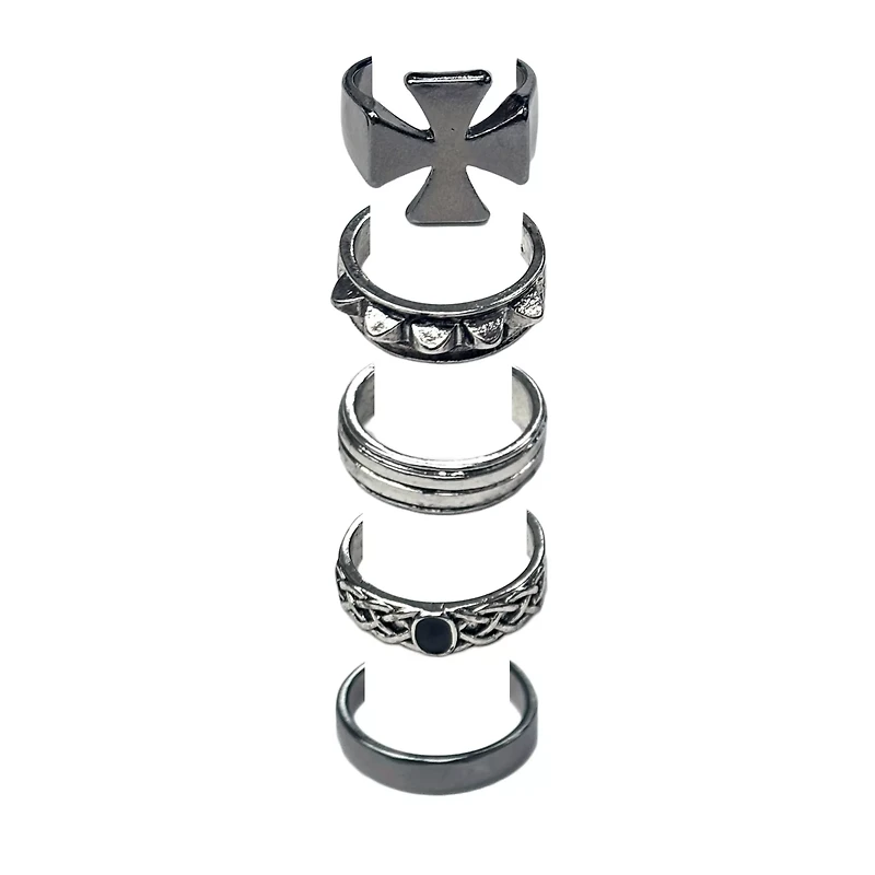 Multi-Pack Gothic Cross Black and Silver-Tone Rings - 5 Pack