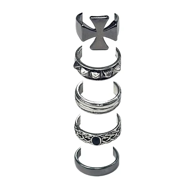 Multi-Pack Gothic Cross Black and Silver-Tone Rings - 5 Pack