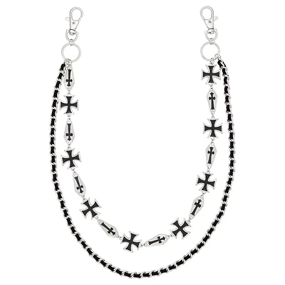 Silvertone Black Cross Layered Wallet Chain