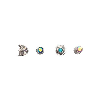Multi-Pack Silver-Plated CZ Sun and Moon Flat Back Labret Lip Rings 4 Pack - 16 Gauge