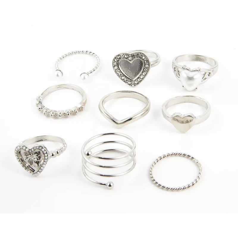 Multi-Pack Pearl-Effect Heart Rings - 9 Pack