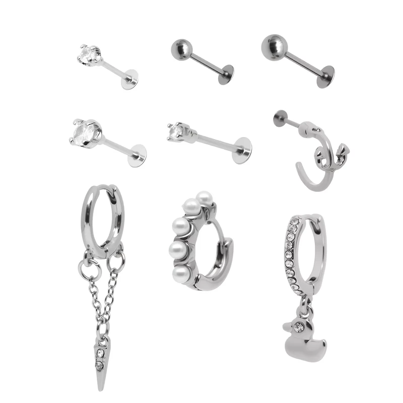 Multi-Pack CZ Silver-Tone Cartilage Rings 9 Pack - 18 Gauge