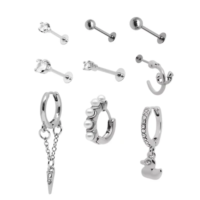 Multi-Pack CZ Silver-Tone Cartilage Rings 9 Pack - 18 Gauge