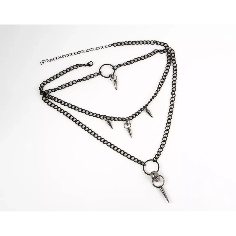 3 Row Spike Drop Chain Choker Necklace