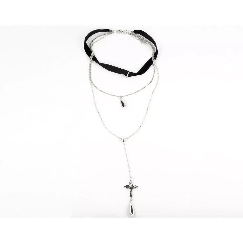3 Row Cross Rosary Chain Choker Necklace
