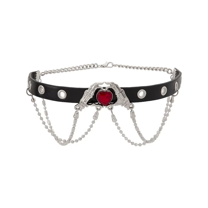 Red CZ Skeleton Hand Heart Silver-Tone Choker Necklace