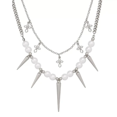 2-Row Pearl Cross Spike Chain Necklace