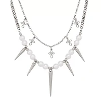 2-Row Pearl Cross Spike Chain Necklace