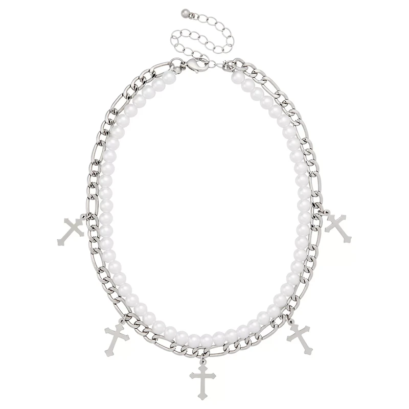 2-Row Pearl Cross Chain Necklace