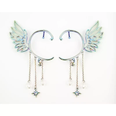Iridescent Angel Wing Dangle Ear Cuffs