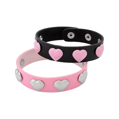 Pink and Black Heart Studded Cuff Bracelets