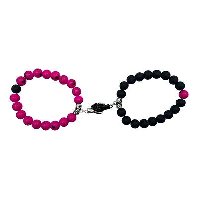 Black and Pink Hand Magnetic Long Distance Bracelets - 2 Pack
