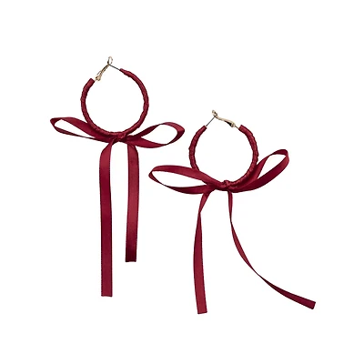 Red Ribbon Dangle Hoop Earrings