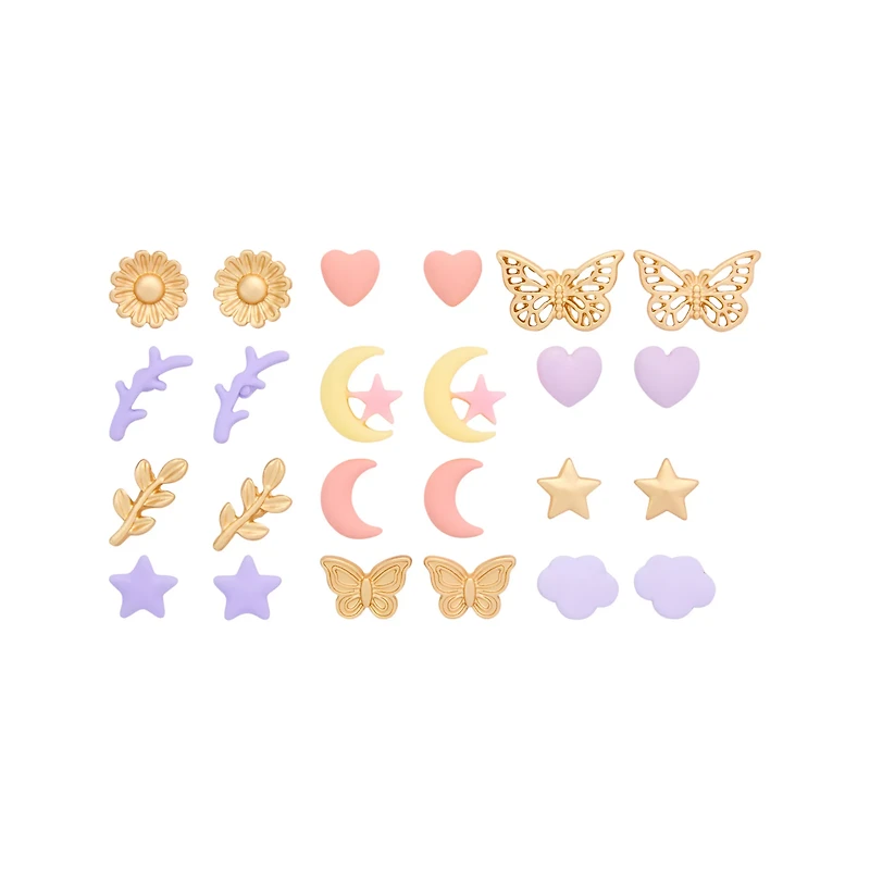 Multi-Pack Gold-Tone Pastel Moon Star Stud Earrings - 12 Pack