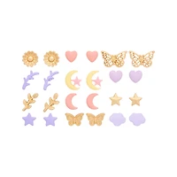 Multi-Pack Gold-Tone Pastel Moon Star Stud Earrings - 12 Pack