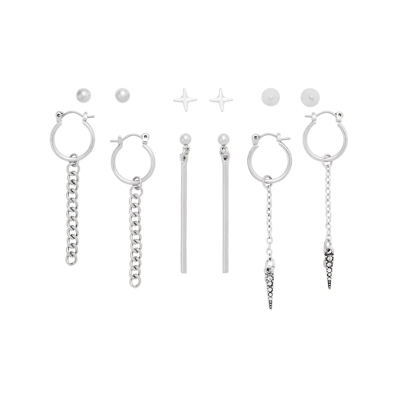 Multi-Pack Silver-Tone Chain Link Dangle Stud and Hoop Earrings - 6 Pairs