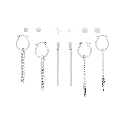 Multi-Pack Silver-Tone Chain Link Dangle Stud and Hoop Earrings - 6 Pairs
