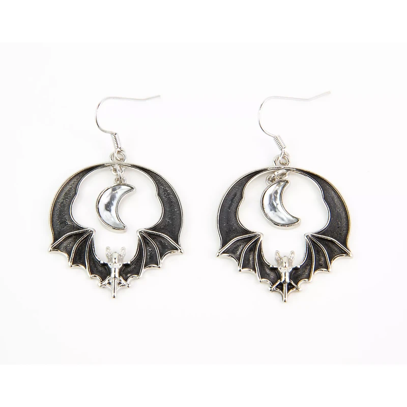 Moon Bat Dangle Hoop Earrings - 18 Gauge