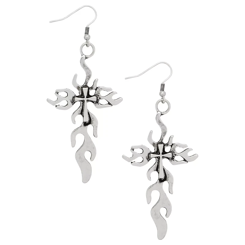 Silver-Tone Flame Cross Dangle Earrings