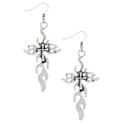 Silver-Tone Flame Cross Dangle Earrings
