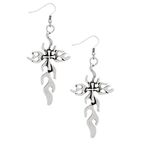 Silver-Tone Flame Cross Dangle Earrings