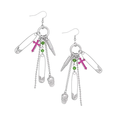 Skull and Cross Safety Pin Dangle Earrings