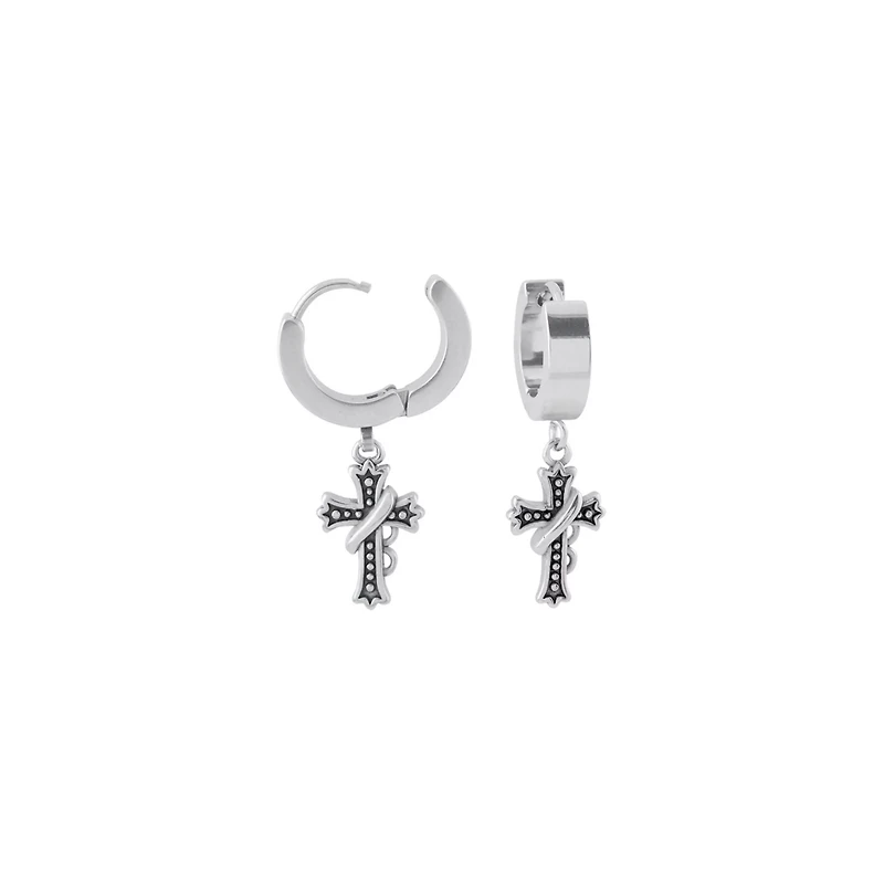 Biker Cross Silver-Tone Dangle Huggie Hoop Earrings - 18 Gauge