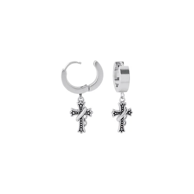 Biker Cross Silver-Tone Dangle Huggie Hoop Earrings - 18 Gauge