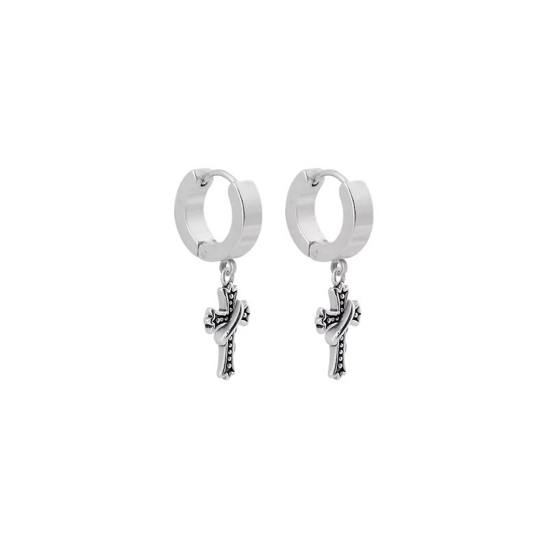 Biker Cross Silver-Tone Dangle Huggie Hoop Earrings - 18 Gauge