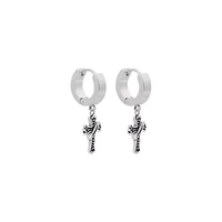 Biker Cross Silver-Tone Dangle Huggie Hoop Earrings - 18 Gauge