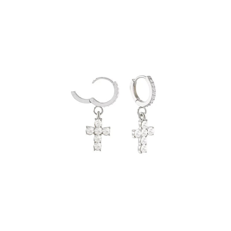 CZ Cross Silver-Tone Dangle Huggie Hoop Earrings - 18 Gauge