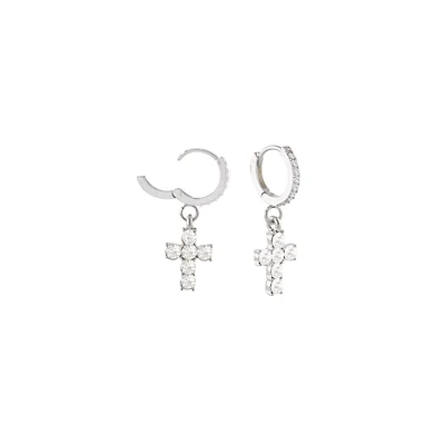 CZ Cross Silver-Tone Dangle Huggie Hoop Earrings - 18 Gauge