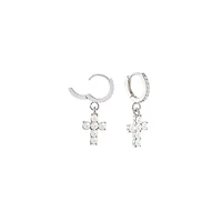 CZ Cross Silver-Tone Dangle Huggie Hoop Earrings - 18 Gauge