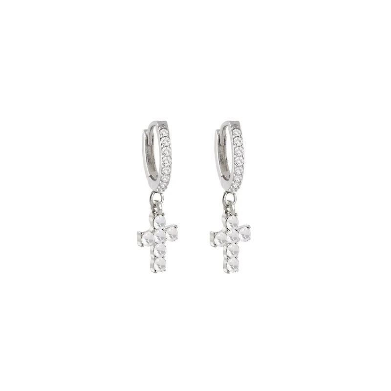 CZ Cross Silver-Tone Dangle Huggie Hoop Earrings - 18 Gauge